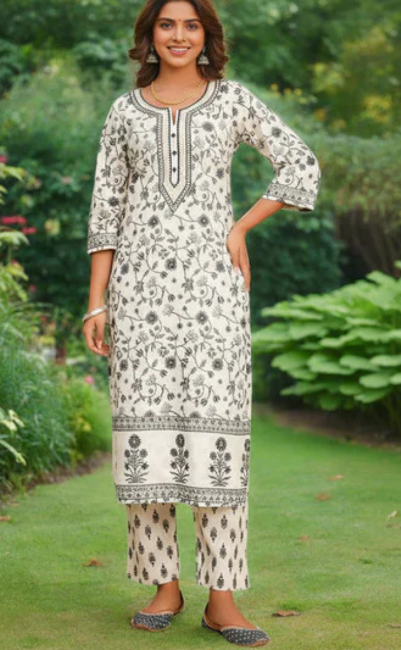 Off White/Grey Garden Cotton Kurti With Pant And Dupatta Set. Pure Versatile Cotton. | Laces and Frills - Laces and Frills