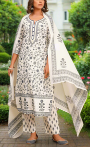 Off White/Grey Garden Cotton Kurti With Pant And Dupatta Set. Pure Versatile Cotton. | Laces and Frills