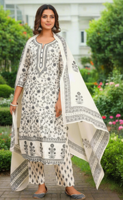 Off White/Grey Garden Cotton Kurti With Pant And Dupatta Set. Pure Versatile Cotton. | Laces and Frills - Laces and Frills
