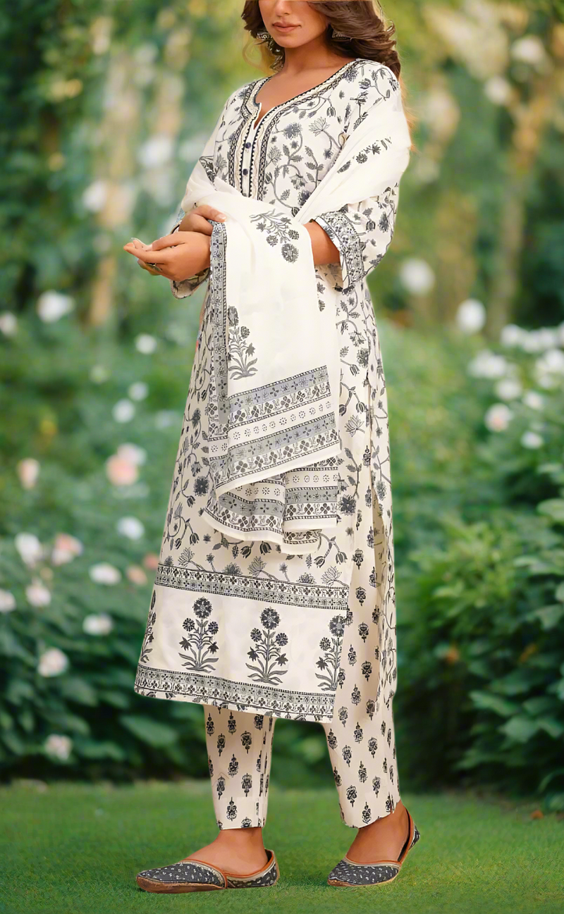 Off White/Grey Garden Cotton Kurti With Pant And Dupatta Set. Pure Versatile Cotton. | Laces and Frills