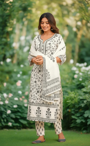Off White/Grey Garden Cotton Kurti With Pant And Dupatta Set. Pure Versatile Cotton. | Laces and Frills - Laces and Frills