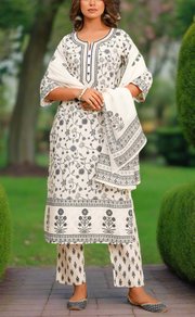 Off White/Grey Garden Cotton Kurti With Pant And Dupatta Set. Pure Versatile Cotton. | Laces and Frills