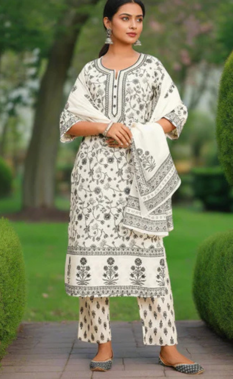 Off White/Grey Garden Cotton Kurti With Pant And Dupatta Set. Pure Versatile Cotton. | Laces and Frills - Laces and Frills