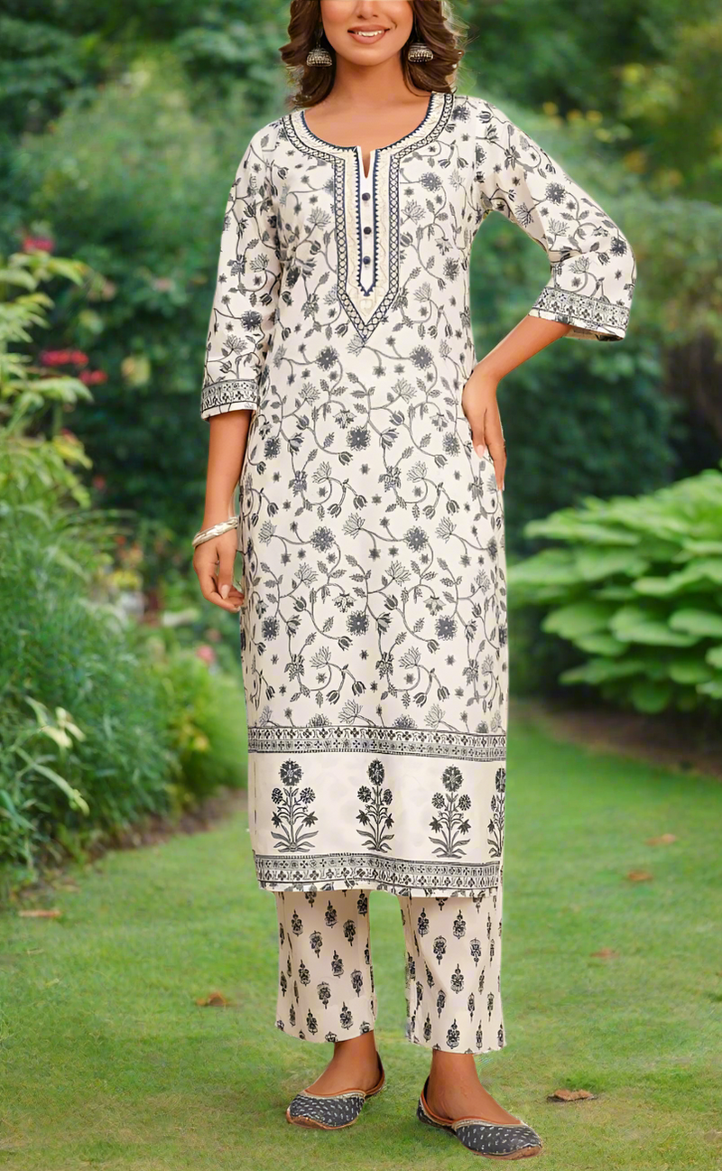 Off White/Grey Garden Cotton Kurti With Pant And Dupatta Set. Pure Versatile Cotton. | Laces and Frills