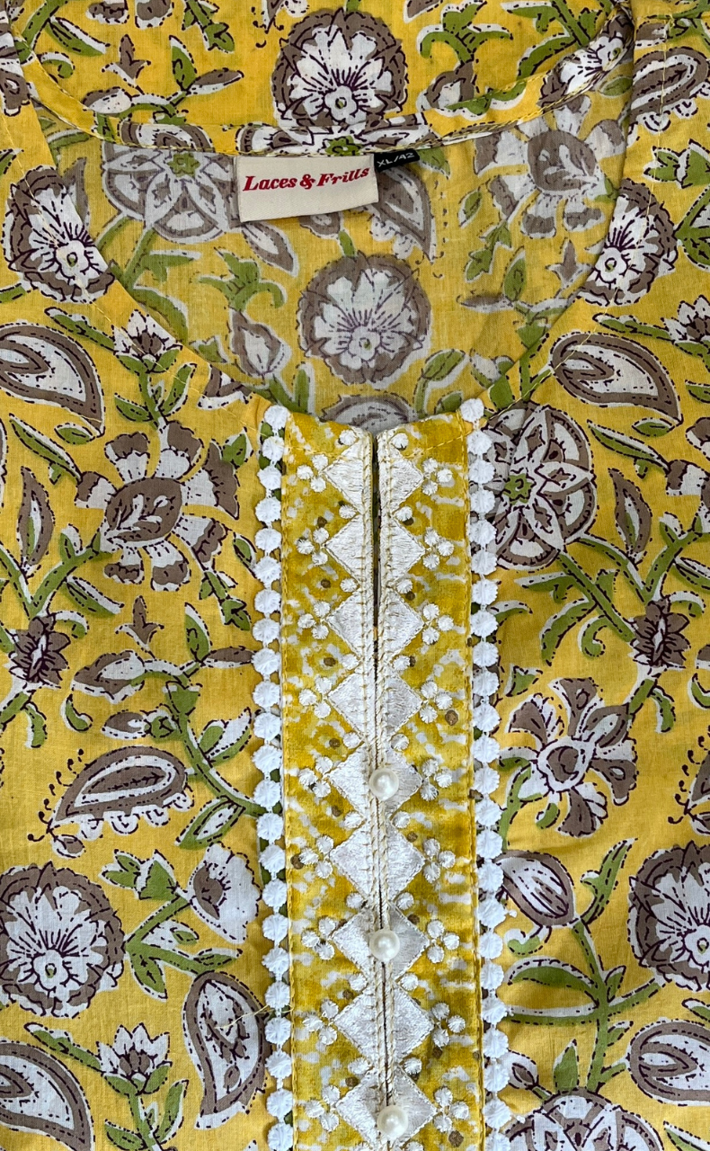 Yellow Garden Cotton Kurti With Pant And Dupatta Set. Pure Versatile Cotton. | Laces and Frills