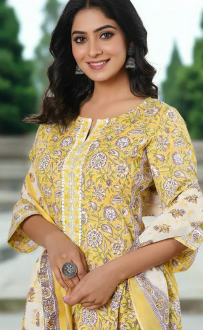 Yellow Garden Cotton Kurti With Pant And Dupatta Set. Pure Versatile Cotton. | Laces and Frills - Laces and Frills