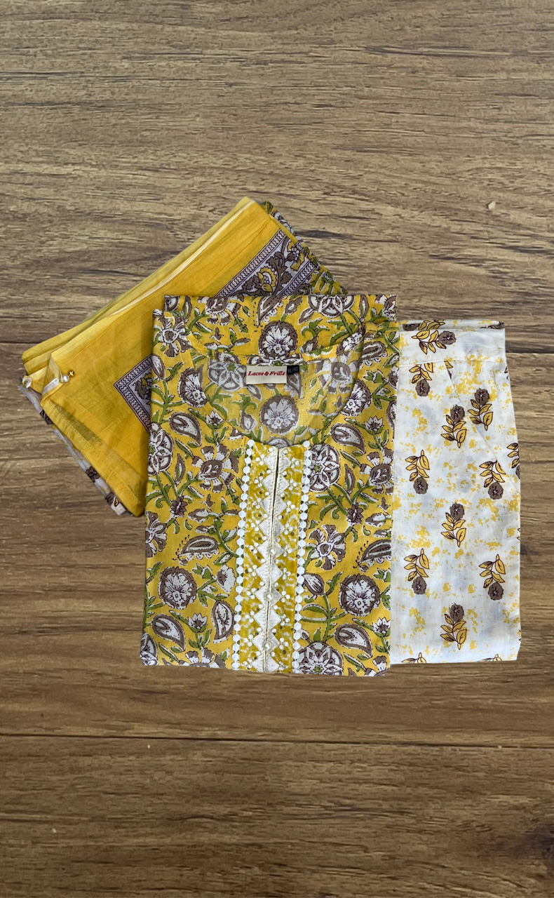 Yellow Garden Cotton Kurti With Pant And Dupatta Set. Pure Versatile Cotton. | Laces and Frills