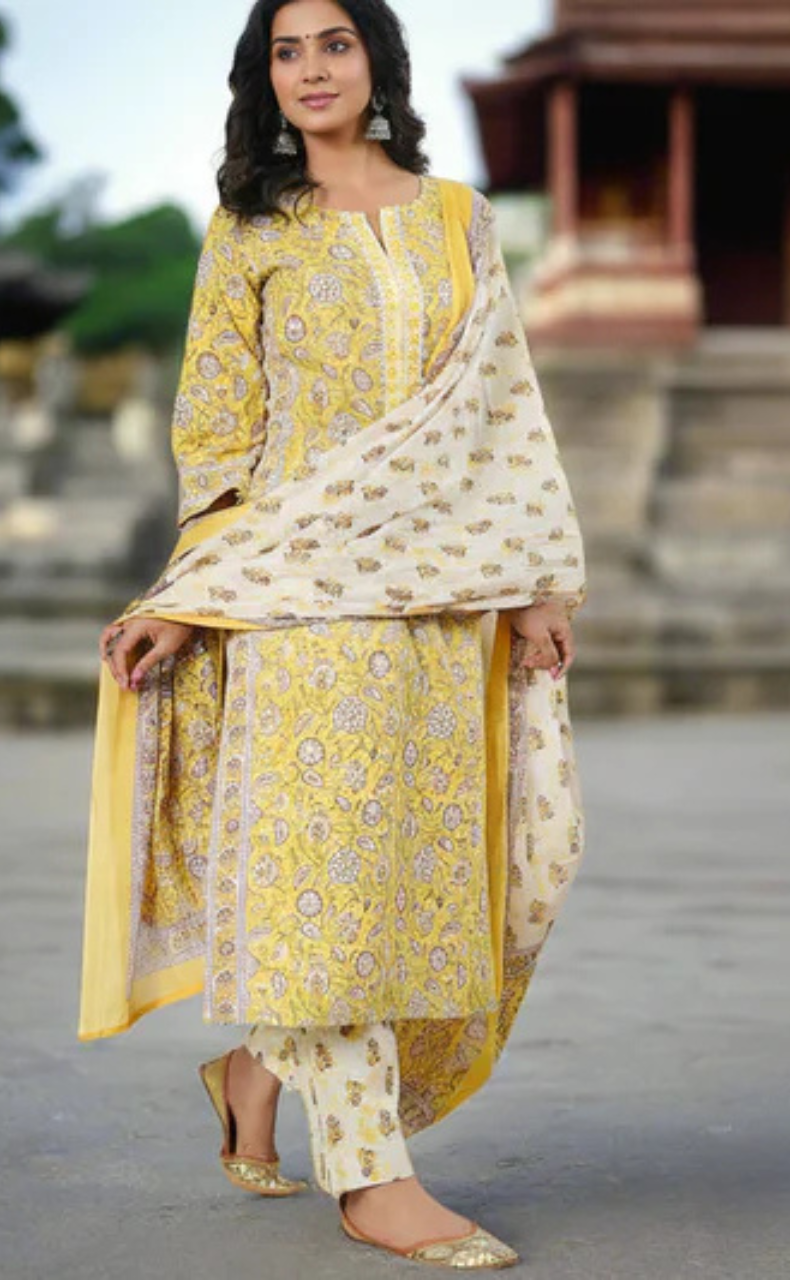 Yellow Garden Cotton Kurti With Pant And Dupatta Set. Pure Versatile Cotton. | Laces and Frills - Laces and Frills