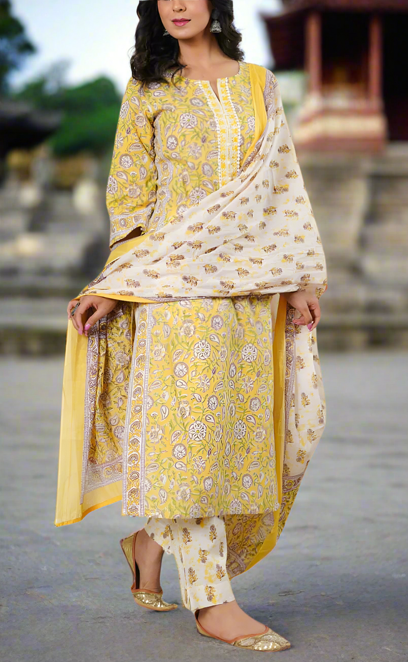 Yellow Garden Cotton Kurti With Pant And Dupatta Set. Pure Versatile Cotton. | Laces and Frills