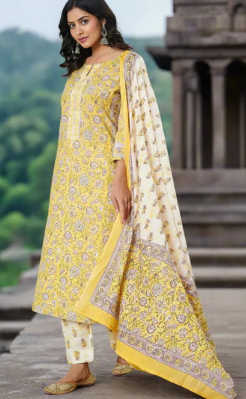 Yellow Garden Cotton Kurti With Pant And Dupatta Set. Pure Versatile Cotton. | Laces and Frills - Laces and Frills
