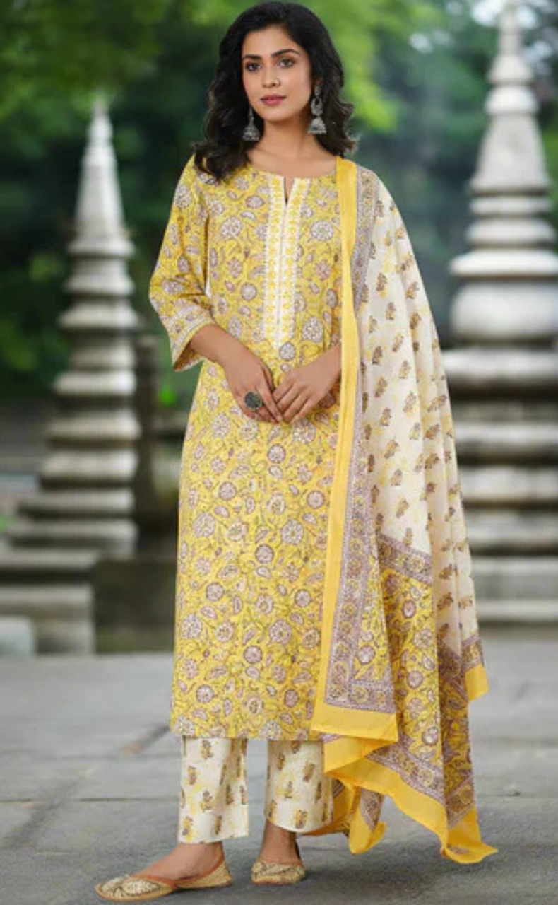 Yellow Garden Cotton Kurti With Pant And Dupatta Set. Pure Versatile Cotton. | Laces and Frills - Laces and Frills