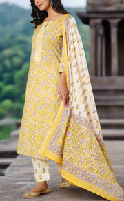 Yellow Garden Cotton Kurti With Pant And Dupatta Set. Pure Versatile Cotton. | Laces and Frills