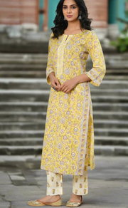 Yellow Garden Cotton Kurti With Pant And Dupatta Set. Pure Versatile Cotton. | Laces and Frills - Laces and Frills