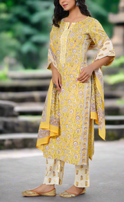 Yellow Garden Cotton Kurti With Pant And Dupatta Set. Pure Versatile Cotton. | Laces and Frills