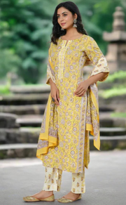 Yellow Garden Cotton Kurti With Pant And Dupatta Set. Pure Versatile Cotton. | Laces and Frills - Laces and Frills
