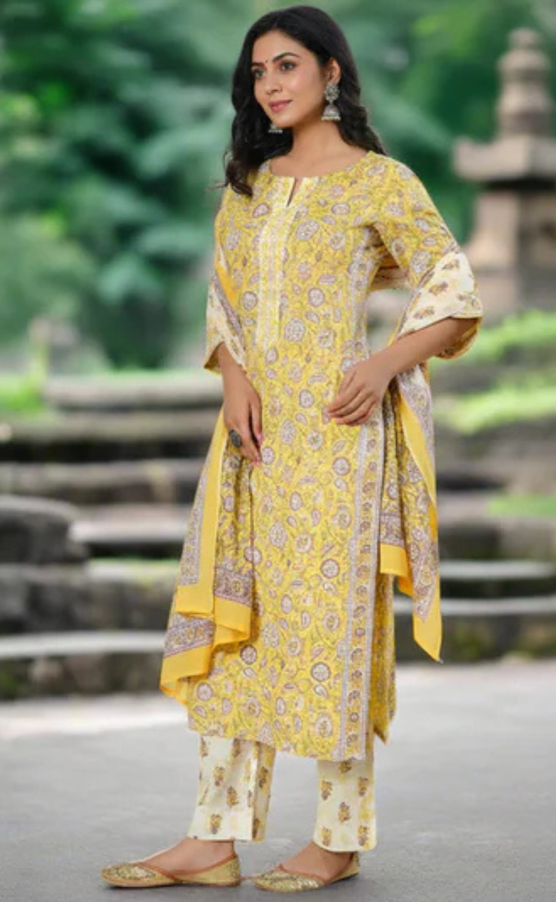 Yellow Garden Cotton Kurti With Pant And Dupatta Set. Pure Versatile Cotton. | Laces and Frills - Laces and Frills