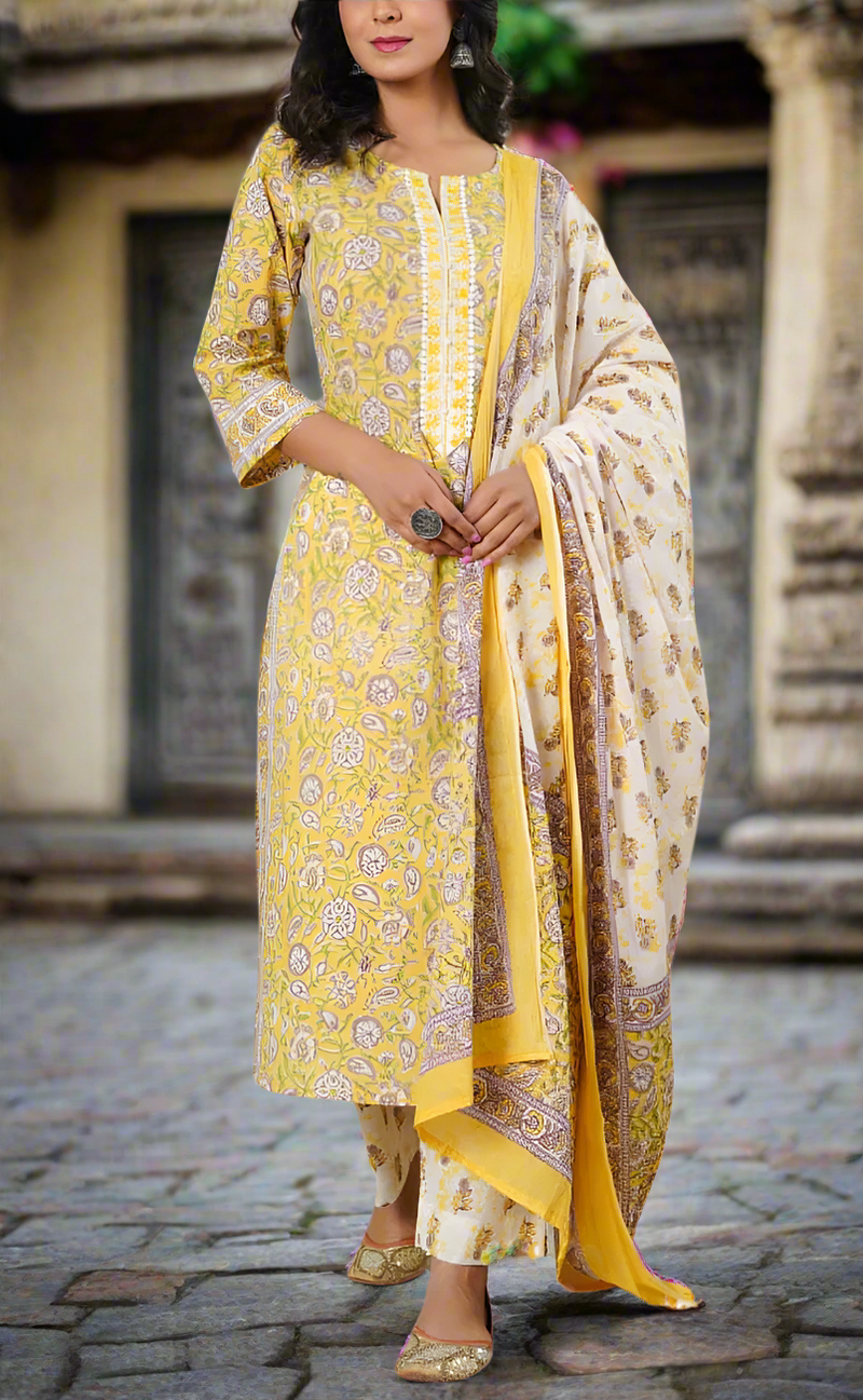 Yellow Garden Cotton Kurti With Pant And Dupatta Set. Pure Versatile Cotton. | Laces and Frills