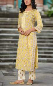Yellow Garden Cotton Kurti With Pant And Dupatta Set. Pure Versatile Cotton. | Laces and Frills