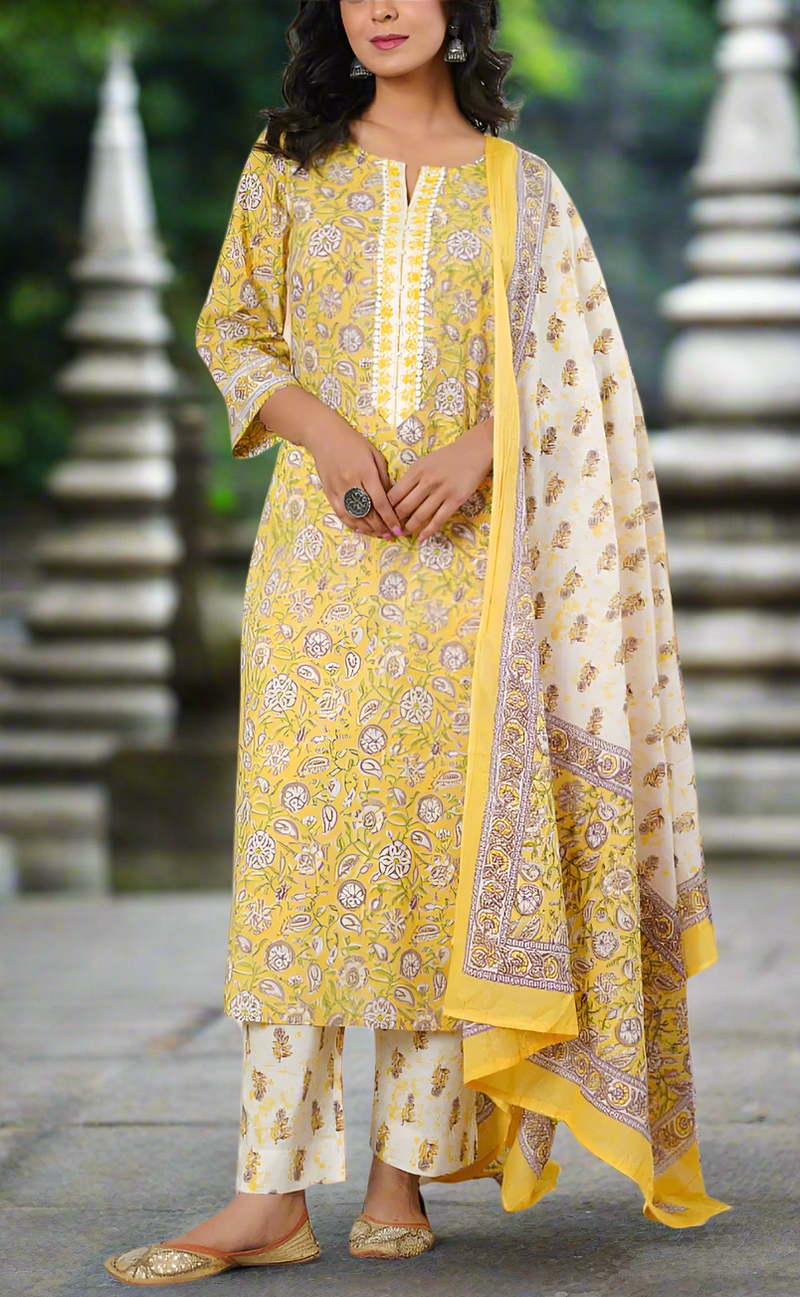 Yellow Garden Cotton Kurti With Pant And Dupatta Set. Pure Versatile Cotton. | Laces and Frills