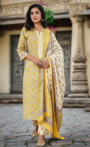 Yellow Garden Cotton Kurti With Pant And Dupatta Set. Pure Versatile Cotton. | Laces and Frills - Laces and Frills