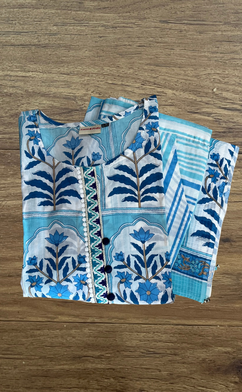 White/Blue Garden Cotton Kurti With Pant And Dupatta Set. Pure Versatile Cotton. | Laces and Frills