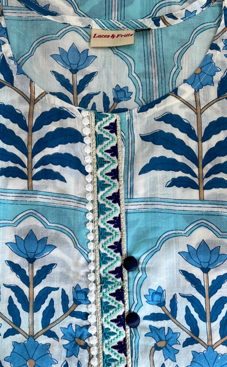 White/Blue Garden Cotton Kurti With Pant And Dupatta Set. Pure Versatile Cotton. | Laces and Frills