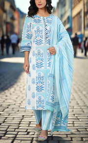 White/Blue Garden Cotton Kurti With Pant And Dupatta Set. Pure Versatile Cotton. | Laces and Frills