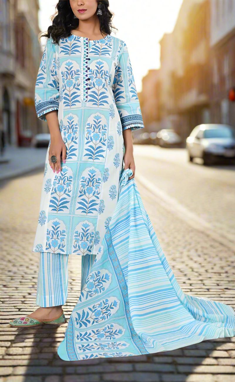 White/Blue Garden Cotton Kurti With Pant And Dupatta Set. Pure Versatile Cotton. | Laces and Frills