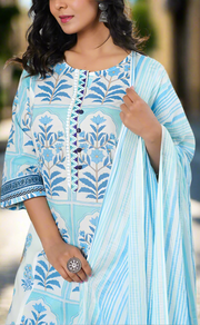 White/Blue Garden Cotton Kurti With Pant And Dupatta Set. Pure Versatile Cotton. | Laces and Frills