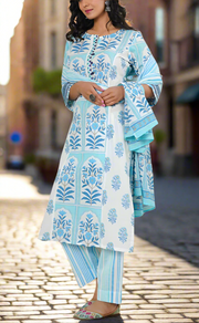 White/Blue Garden Cotton Kurti With Pant And Dupatta Set. Pure Versatile Cotton. | Laces and Frills