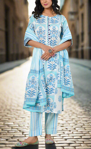 White/Blue Garden Cotton Kurti With Pant And Dupatta Set. Pure Versatile Cotton. | Laces and Frills