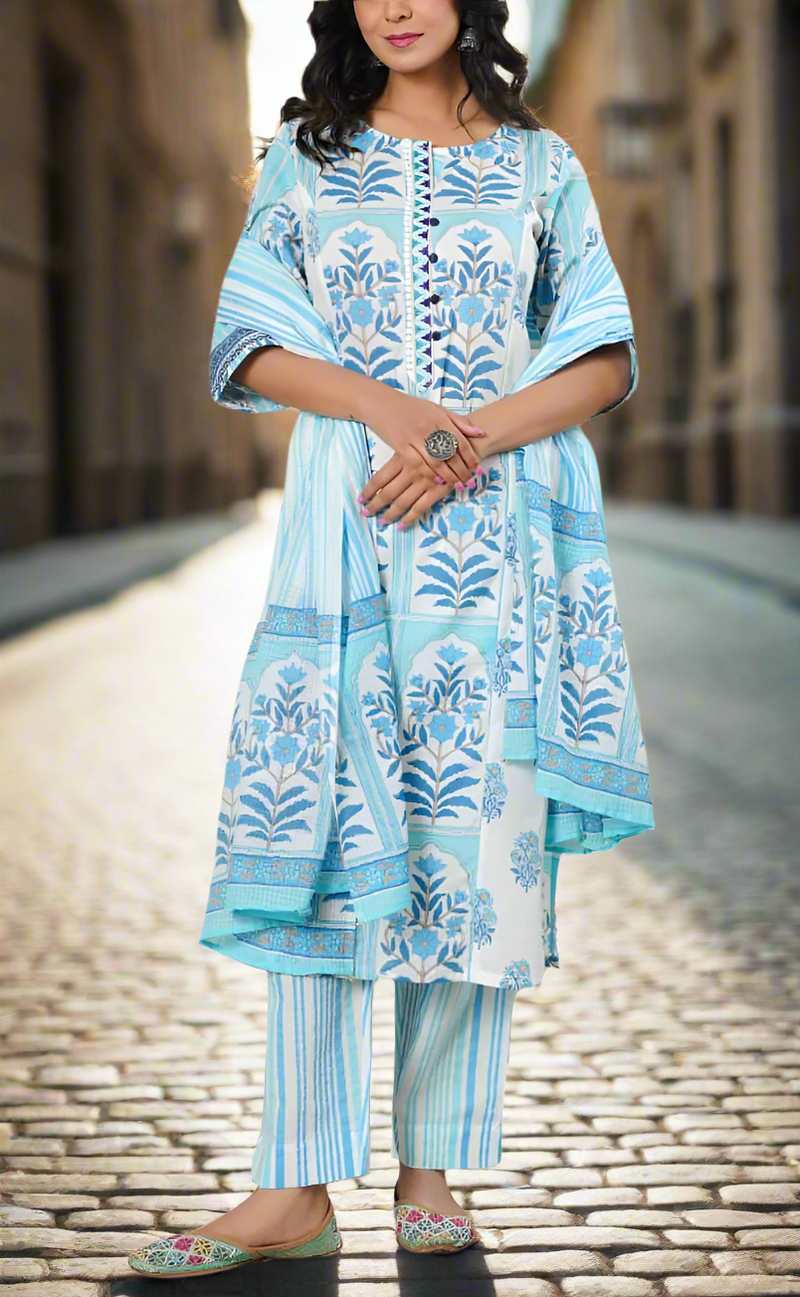White/Blue Garden Cotton Kurti With Pant And Dupatta Set. Pure Versatile Cotton. | Laces and Frills