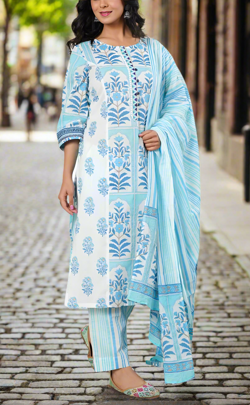White/Blue Garden Cotton Kurti With Pant And Dupatta Set. Pure Versatile Cotton. | Laces and Frills