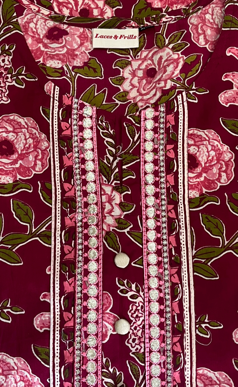 Maroon Garden Jaipur Cotton Kurti With Pant And Dupatta Set. Pure Versatile Cotton. | Laces and Frills