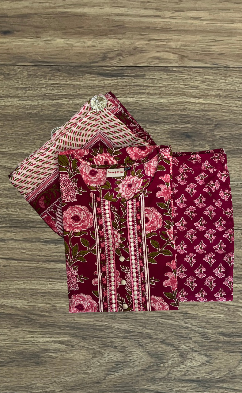 Maroon Garden Jaipur Cotton Kurti With Pant And Dupatta Set. Pure Versatile Cotton. | Laces and Frills