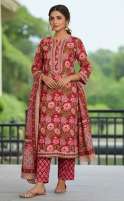 Maroon Garden Jaipur Cotton Kurti With Pant And Dupatta Set. Pure Versatile Cotton. | Laces and Frills - Laces and Frills