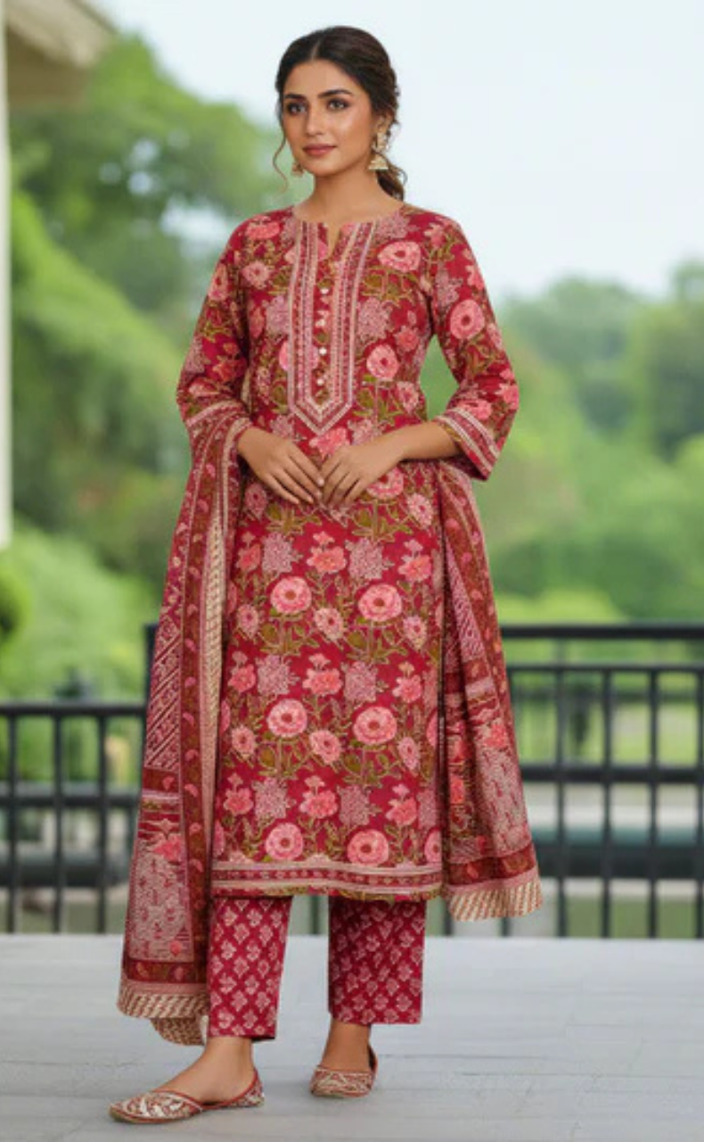Maroon Garden Jaipur Cotton Kurti With Pant And Dupatta Set. Pure Versatile Cotton. | Laces and Frills - Laces and Frills