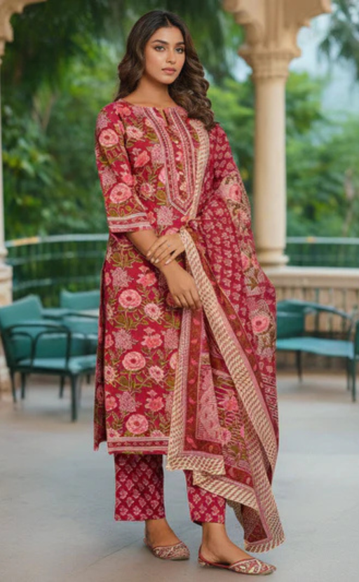 Maroon Garden Jaipur Cotton Kurti With Pant And Dupatta Set. Pure Versatile Cotton. | Laces and Frills - Laces and Frills