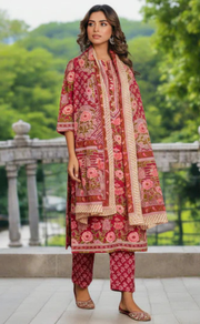 Maroon Garden Jaipur Cotton Kurti With Pant And Dupatta Set. Pure Versatile Cotton. | Laces and Frills - Laces and Frills