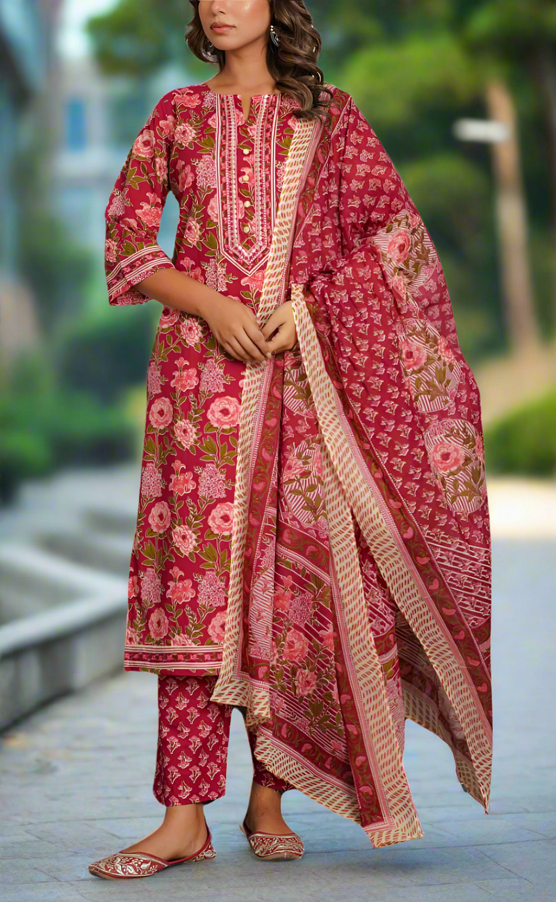 Maroon Garden Jaipur Cotton Kurti With Pant And Dupatta Set. Pure Versatile Cotton. | Laces and Frills