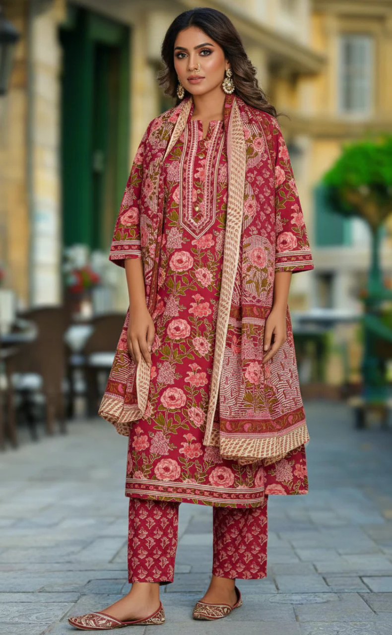 Maroon Garden Jaipur Cotton Kurti With Pant And Dupatta Set. Pure Versatile Cotton. | Laces and Frills - Laces and Frills