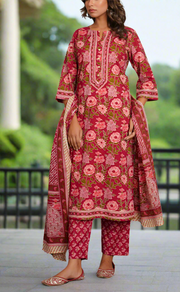Maroon Garden Jaipur Cotton Kurti With Pant And Dupatta Set. Pure Versatile Cotton. | Laces and Frills