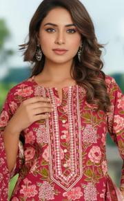 Maroon Garden Jaipur Cotton Kurti With Pant And Dupatta Set. Pure Versatile Cotton. | Laces and Frills - Laces and Frills