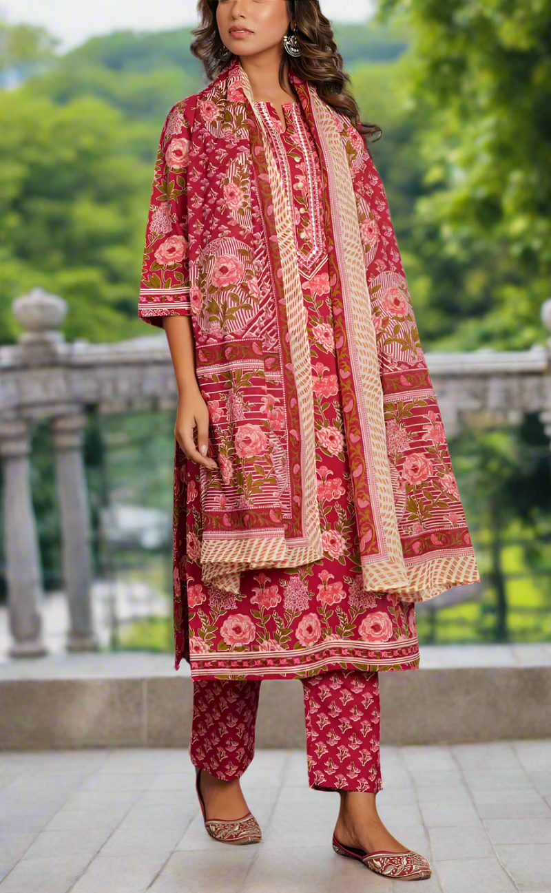 Maroon Garden Jaipur Cotton Kurti With Pant And Dupatta Set. Pure Versatile Cotton. | Laces and Frills
