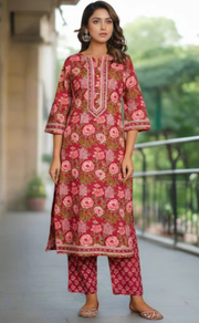 Maroon Garden Jaipur Cotton Kurti With Pant And Dupatta Set. Pure Versatile Cotton. | Laces and Frills - Laces and Frills