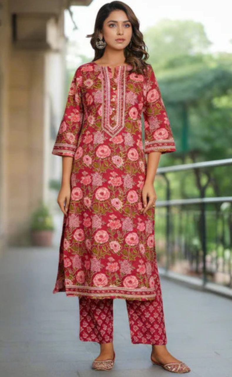 Maroon Garden Jaipur Cotton Kurti With Pant And Dupatta Set. Pure Versatile Cotton. | Laces and Frills - Laces and Frills