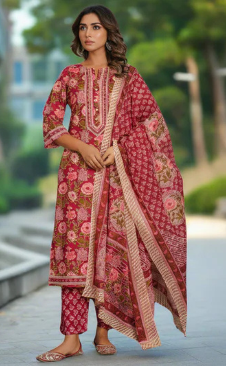 Maroon Garden Jaipur Cotton Kurti With Pant And Dupatta Set. Pure Versatile Cotton. | Laces and Frills - Laces and Frills