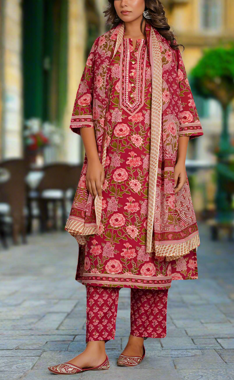 Maroon Garden Jaipur Cotton Kurti With Pant And Dupatta Set. Pure Versatile Cotton. | Laces and Frills