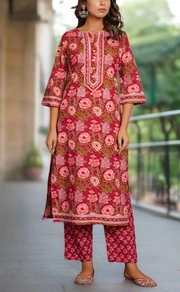 Maroon Garden Jaipur Cotton Kurti With Pant And Dupatta Set. Pure Versatile Cotton. | Laces and Frills