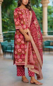 Maroon Garden Jaipur Cotton Kurti With Pant And Dupatta Set. Pure Versatile Cotton. | Laces and Frills